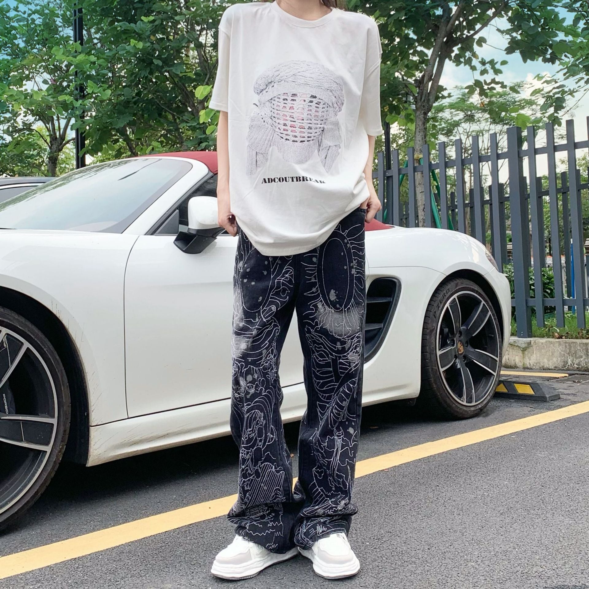 Topstitched White Straight-leg Jeans - Celestialzstreetwear