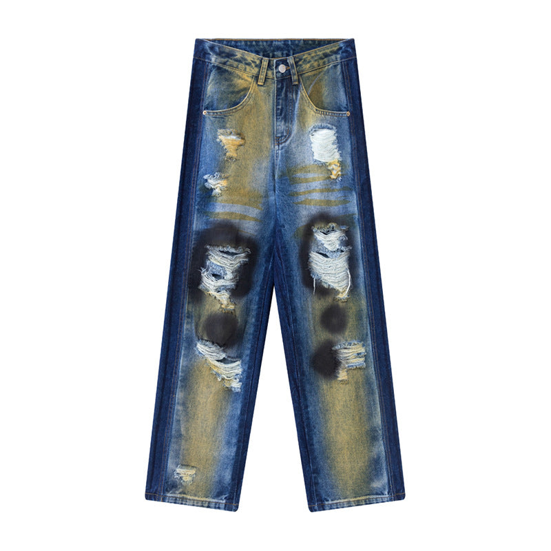 Hip-hop Washed Distressed Loose Spray-dyed Jeans - Celestialzstreetwear