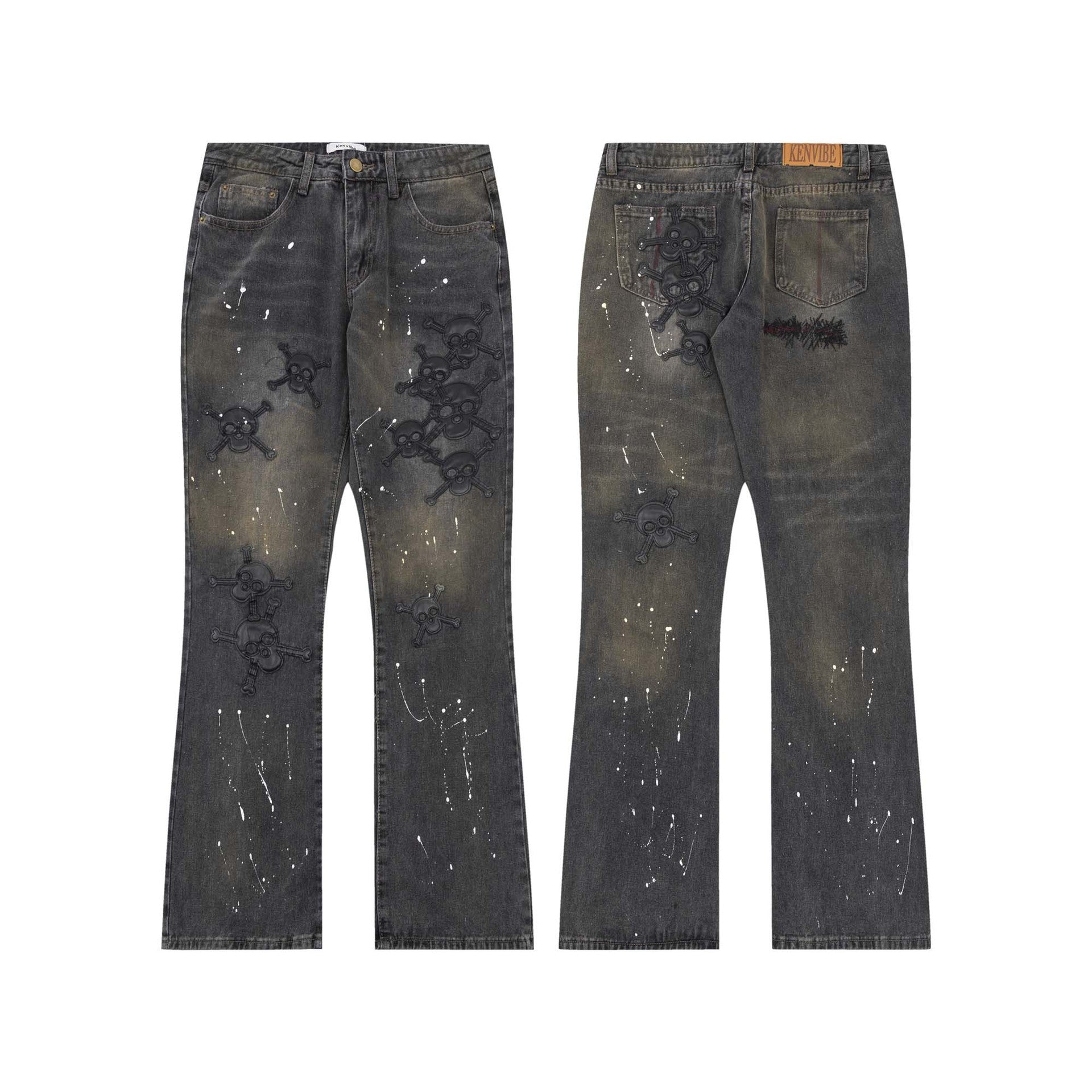 Skull Splash Flared Jeans - Celestialzstreetwear