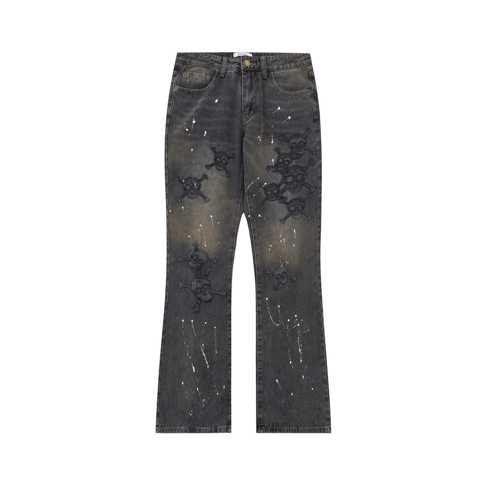 Skull Splash Flared Jeans - Celestialzstreetwear
