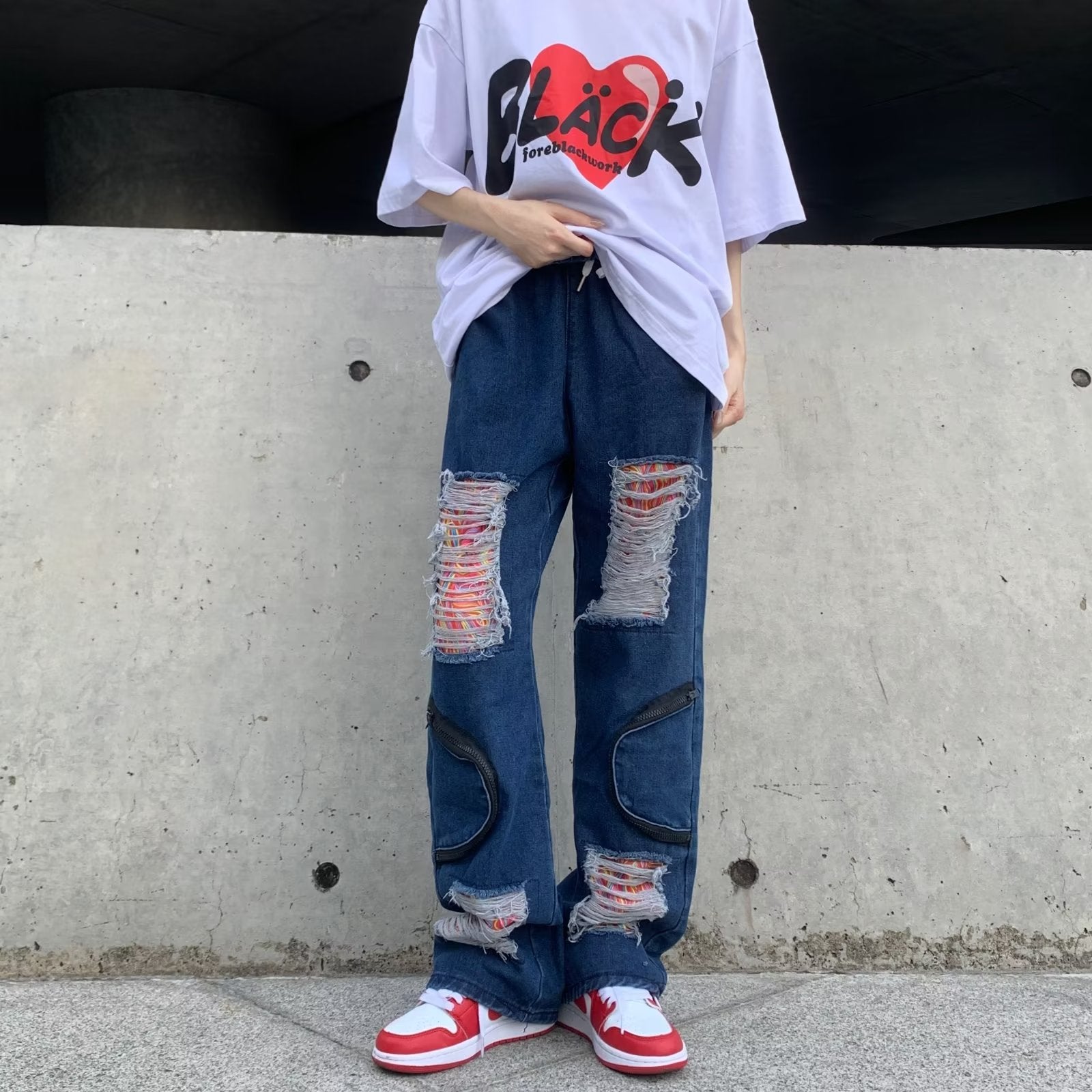 High Street Hip Hop Ripped Patch Jeans - Celestialzstreetwear
