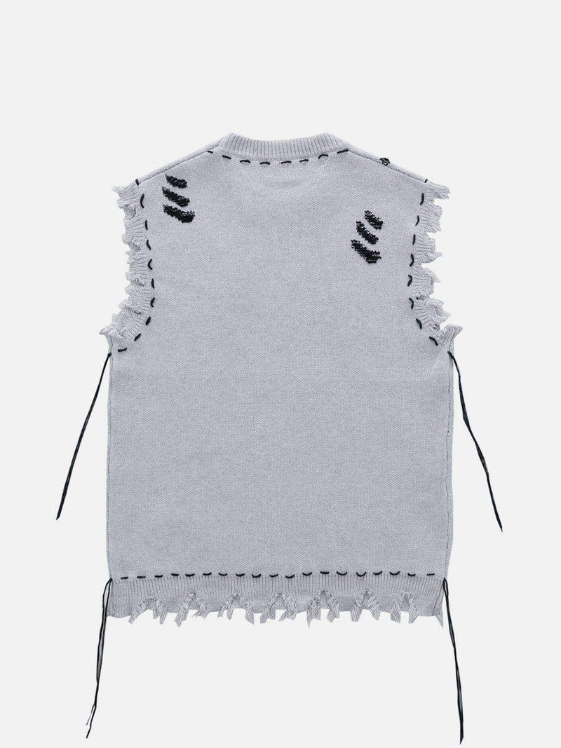 Hole Raw Edge Sweater Vest - Celestialzstreetwear