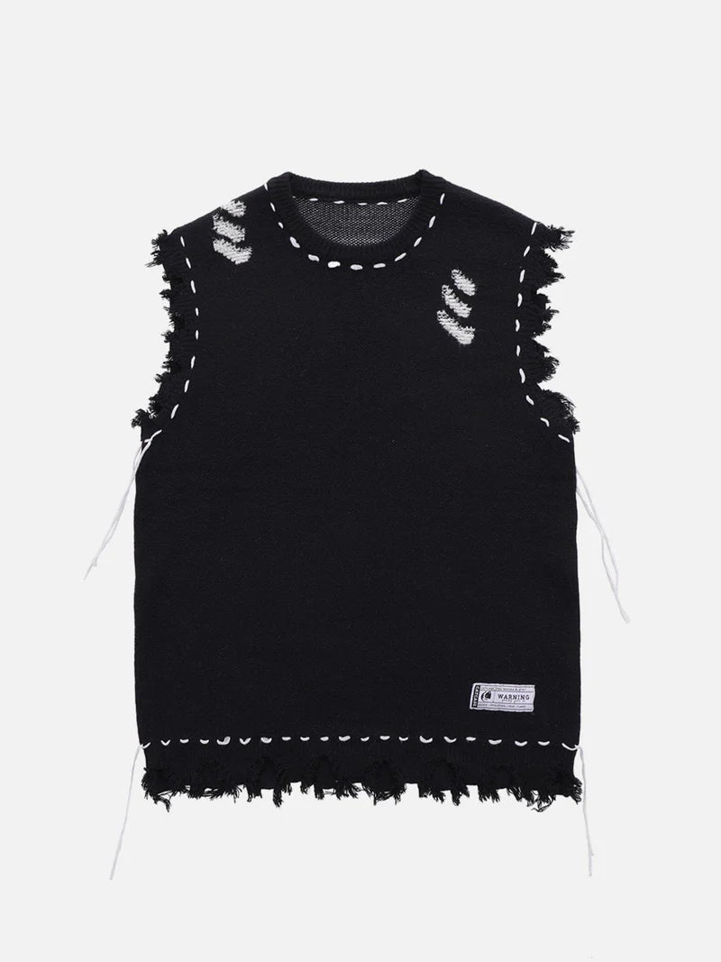 Hole Raw Edge Sweater Vest - Celestialzstreetwear
