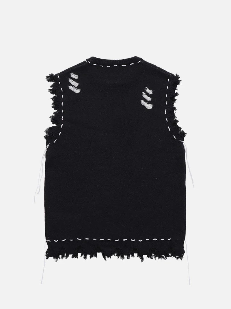 Hole Raw Edge Sweater Vest - Celestialzstreetwear