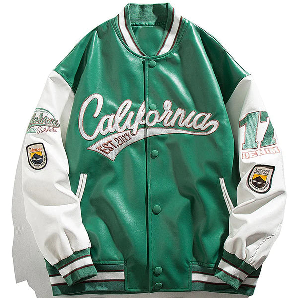 Vintage Leather Baseball Jacket Embroidered - Celestialzstreetwear