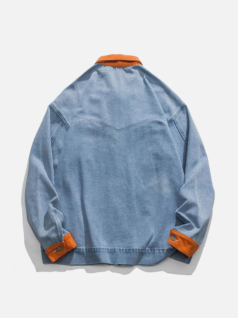 Orange Corduroy Patchwork Denim Jacket - Celestialzstreetwear