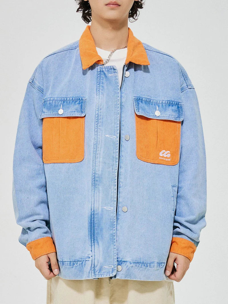 Orange Corduroy Patchwork Denim Jacket - Celestialzstreetwear