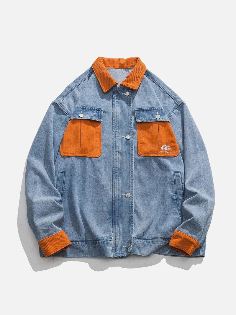 Orange Corduroy Patchwork Denim Jacket - Celestialzstreetwear