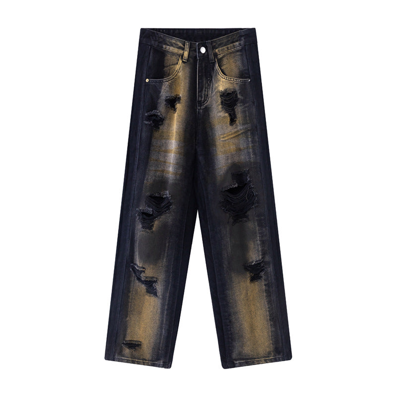 Hip-hop Washed Distressed Loose Spray-dyed Jeans - Celestialzstreetwear