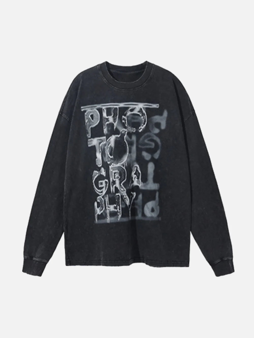 Retro Abstract Letters Washed And Distressed Long Sleeves - Celestialzstreetwear
