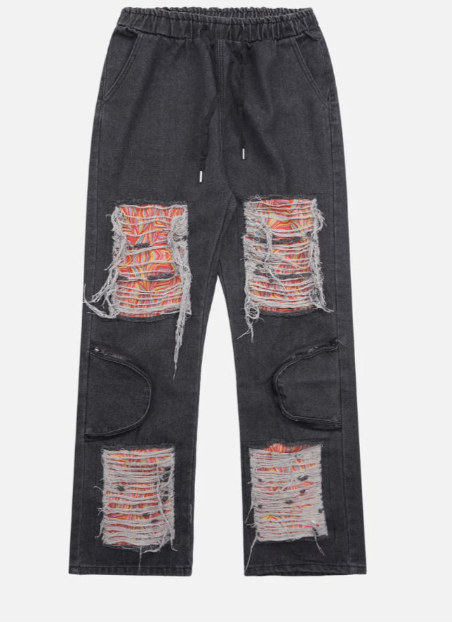 High Street Hip Hop Ripped Patch Jeans - Celestialzstreetwear