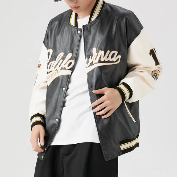Vintage Leather Baseball Jacket Embroidered - Celestialzstreetwear